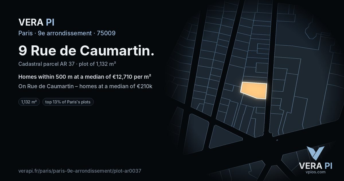 9 Rue de Caumartin, 9e arrondissement at night – the plot lit, the parcels around coloured by the prices near them