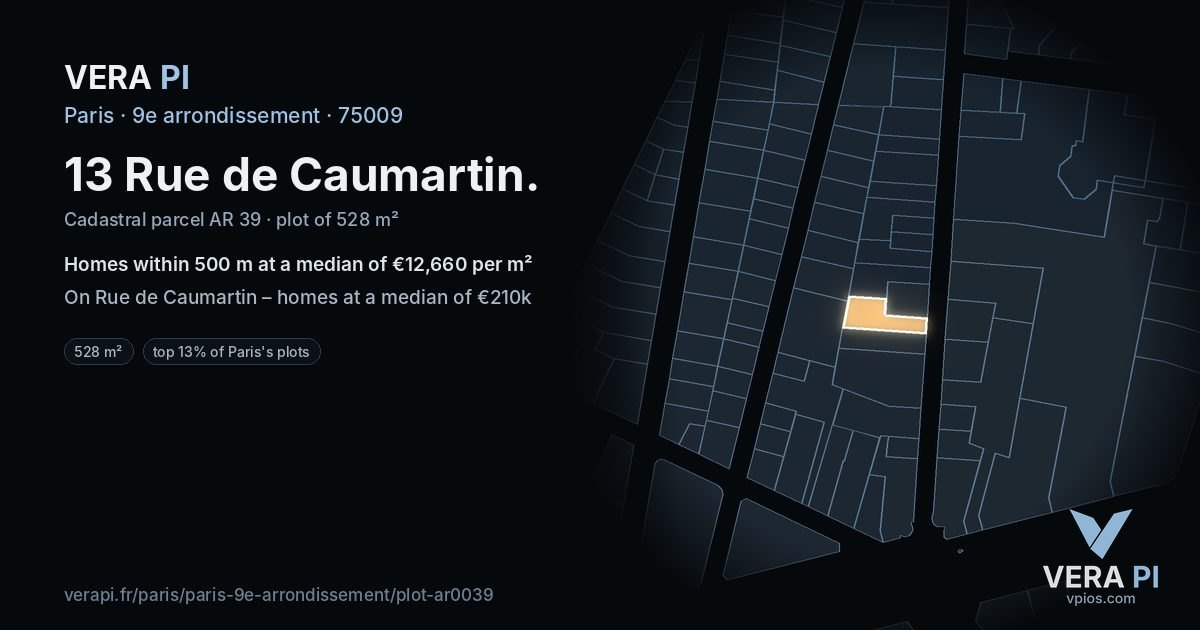 13 Rue de Caumartin, 9e arrondissement at night – the plot lit, the parcels around coloured by the prices near them