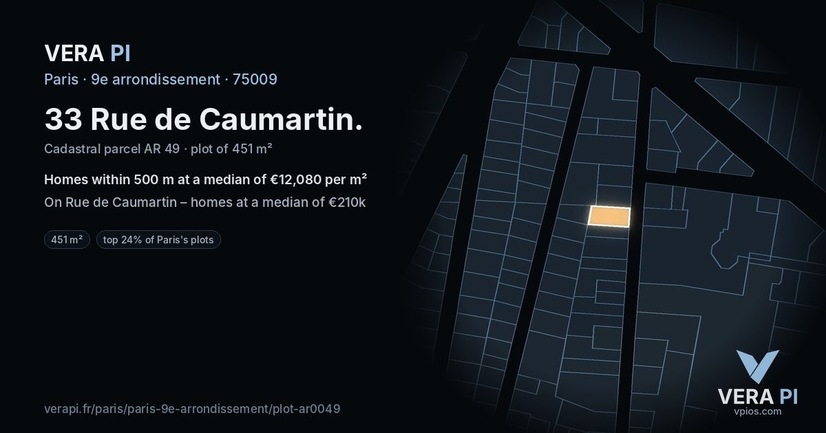 33 Rue de Caumartin, 9e arrondissement at night – the plot lit, the parcels around coloured by the prices near them