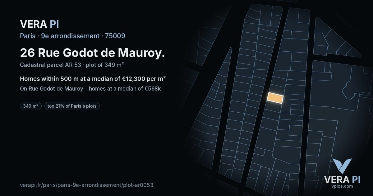 26 Rue Godot de Mauroy, 9e arrondissement at night – the plot lit, the parcels around coloured by the prices near them