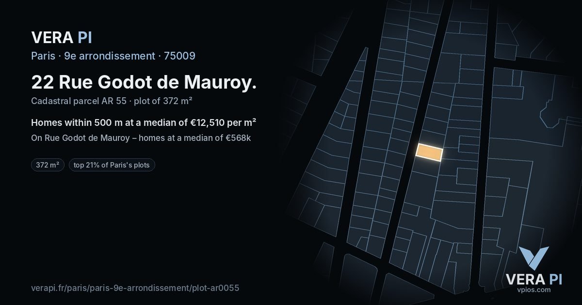 22 Rue Godot de Mauroy, 9e arrondissement at night – the plot lit, the parcels around coloured by the prices near them