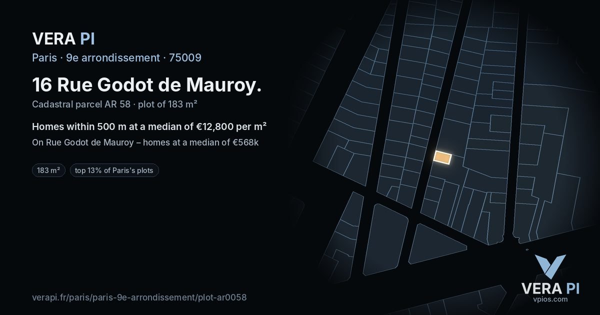 16 Rue Godot de Mauroy, 9e arrondissement at night – the plot lit, the parcels around coloured by the prices near them