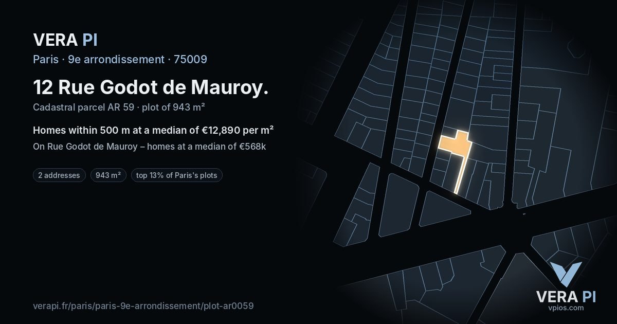 12 Rue Godot de Mauroy, 9e arrondissement at night – the plot lit, the parcels around coloured by the prices near them
