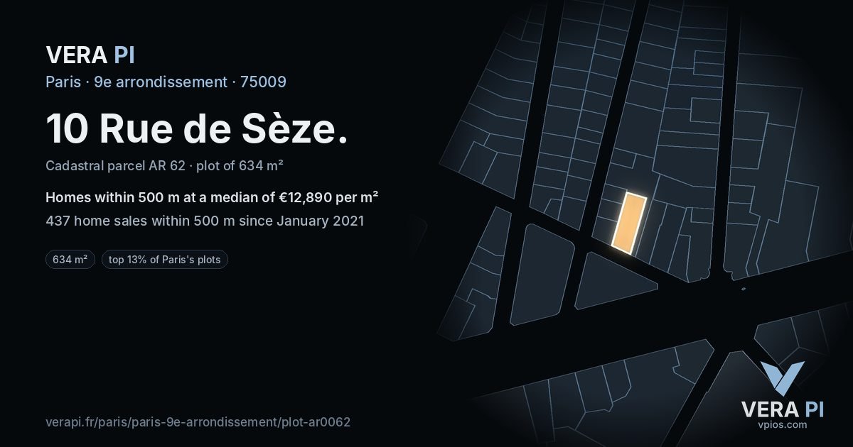 10 Rue de Sèze, 9e arrondissement at night – the plot lit, the parcels around coloured by the prices near them