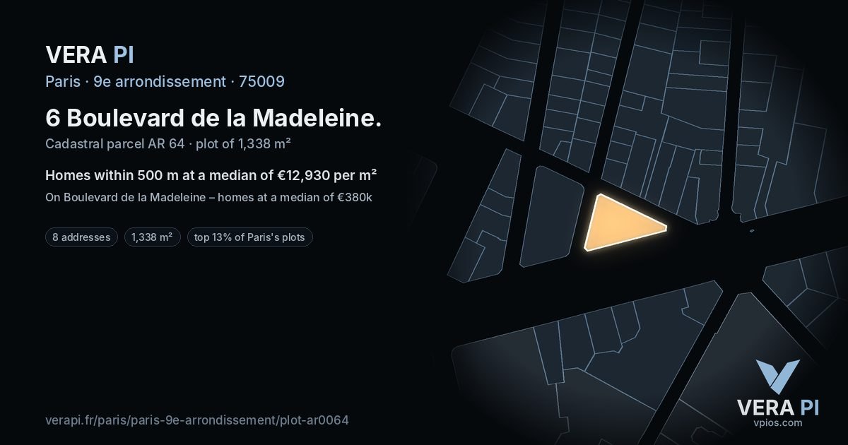 6 Boulevard de la Madeleine, 9e arrondissement at night – the plot lit, the parcels around coloured by the prices near them