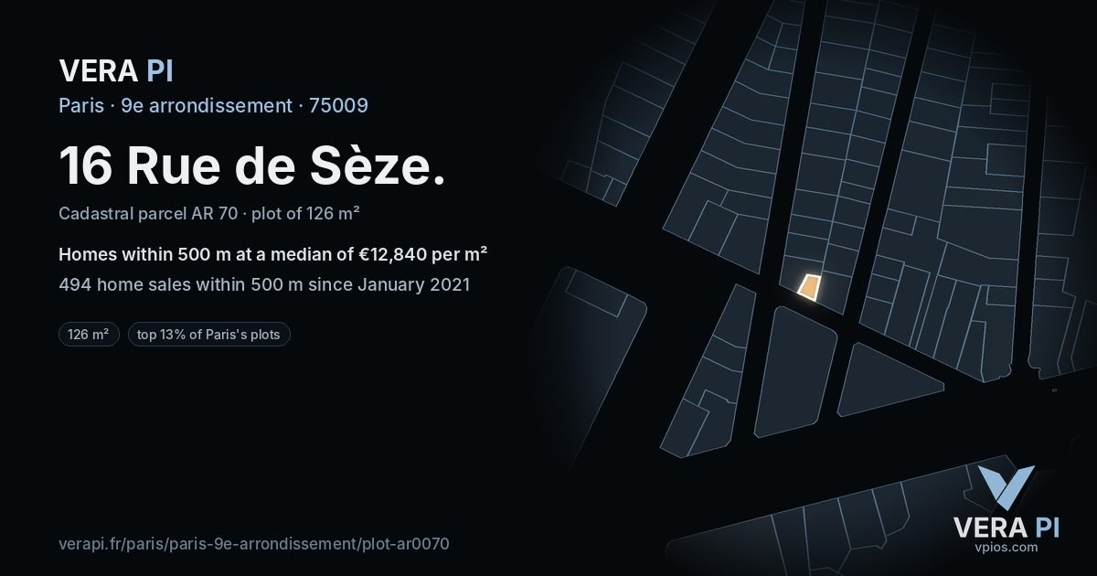 16 Rue de Sèze, 9e arrondissement at night – the plot lit, the parcels around coloured by the prices near them