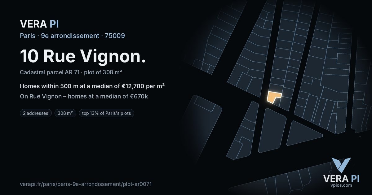 10 Rue Vignon, 9e arrondissement at night – the plot lit, the parcels around coloured by the prices near them