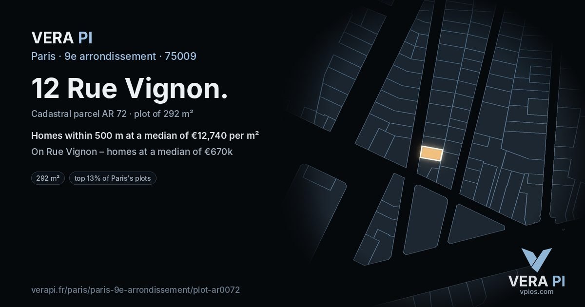 12 Rue Vignon, 9e arrondissement at night – the plot lit, the parcels around coloured by the prices near them