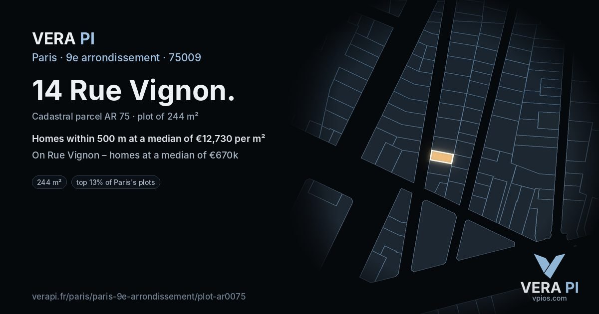 14 Rue Vignon, 9e arrondissement at night – the plot lit, the parcels around coloured by the prices near them