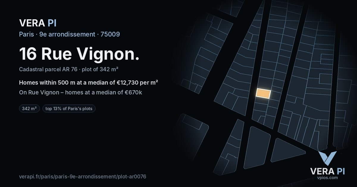 16 Rue Vignon, 9e arrondissement at night – the plot lit, the parcels around coloured by the prices near them