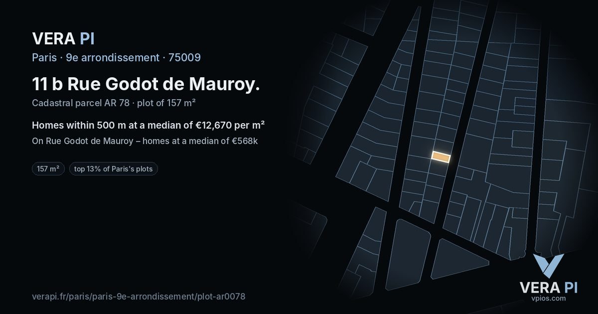 11 b Rue Godot de Mauroy, 9e arrondissement at night – the plot lit, the parcels around coloured by the prices near them