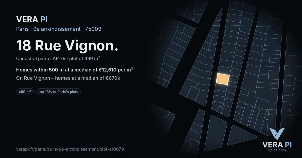 18 Rue Vignon, 9e arrondissement at night – the plot lit, the parcels around coloured by the prices near them