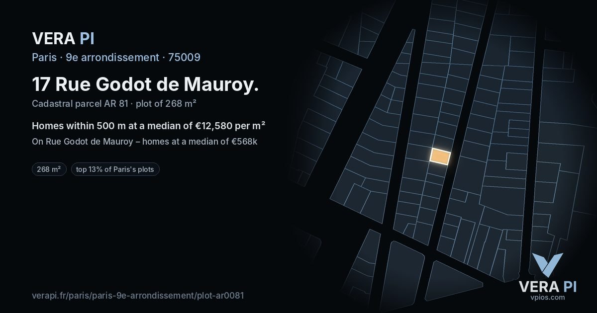 17 Rue Godot de Mauroy, 9e arrondissement at night – the plot lit, the parcels around coloured by the prices near them