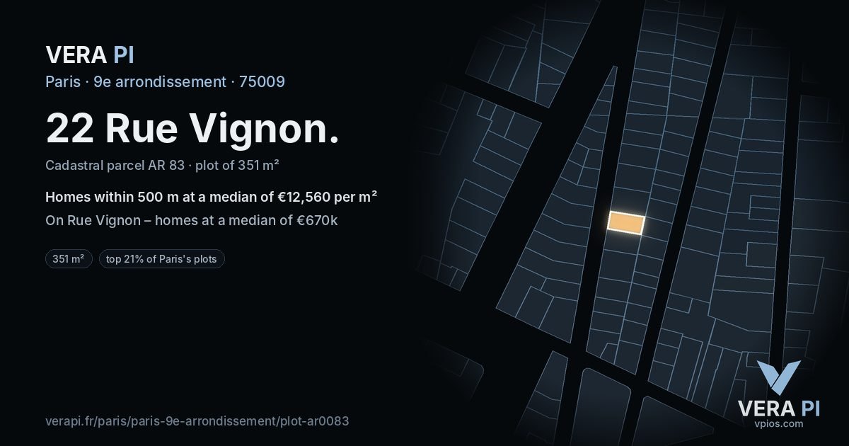 22 Rue Vignon, 9e arrondissement at night – the plot lit, the parcels around coloured by the prices near them