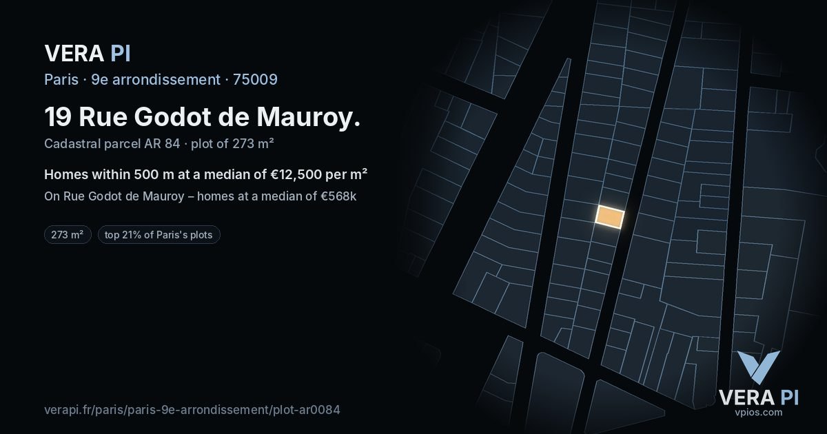 19 Rue Godot de Mauroy, 9e arrondissement at night – the plot lit, the parcels around coloured by the prices near them