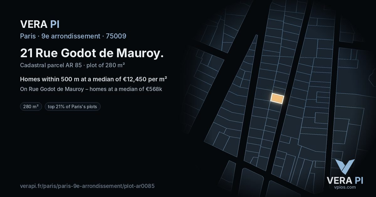 21 Rue Godot de Mauroy, 9e arrondissement at night – the plot lit, the parcels around coloured by the prices near them