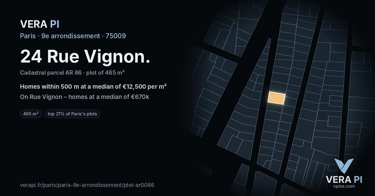 24 Rue Vignon, 9e arrondissement at night – the plot lit, the parcels around coloured by the prices near them