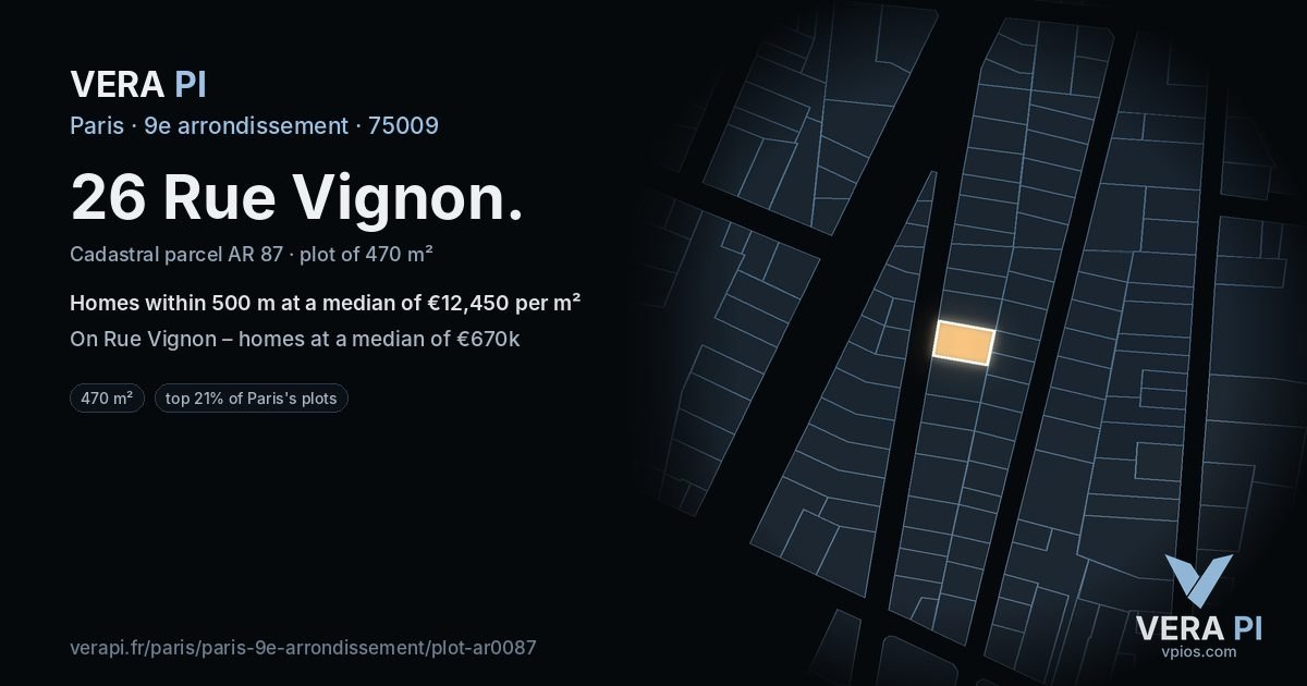 26 Rue Vignon, 9e arrondissement at night – the plot lit, the parcels around coloured by the prices near them