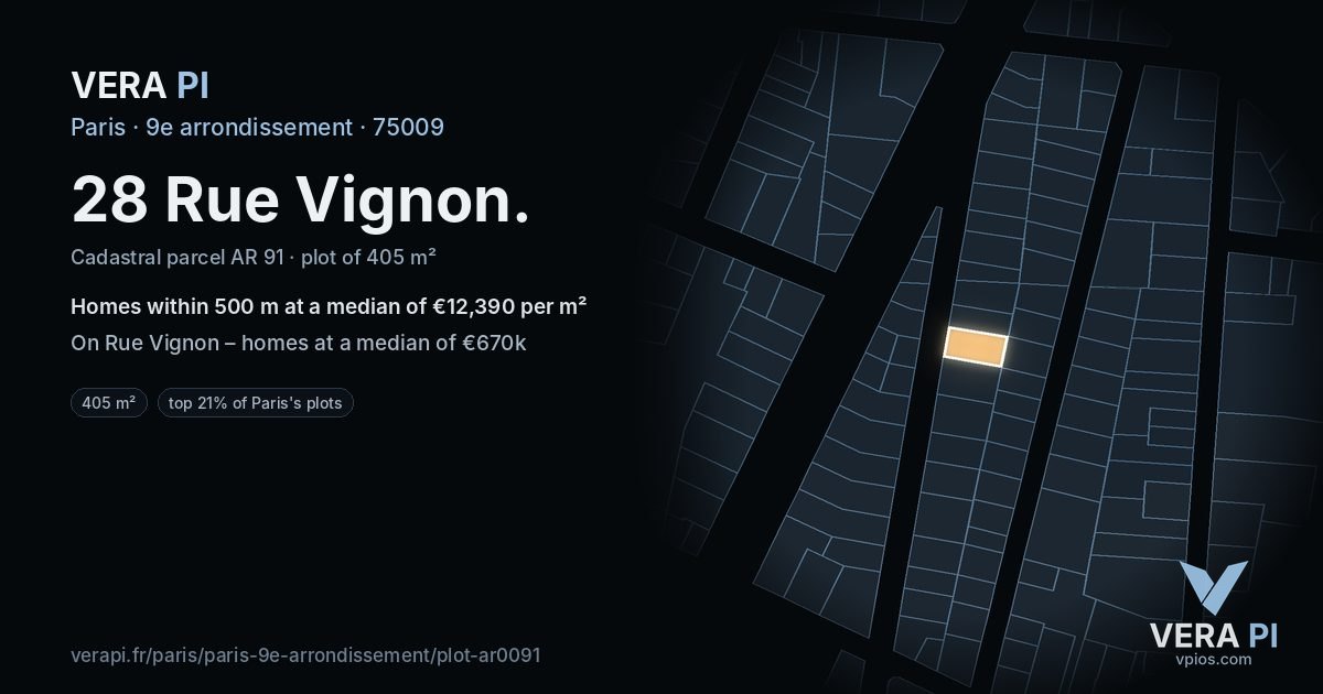 28 Rue Vignon, 9e arrondissement at night – the plot lit, the parcels around coloured by the prices near them