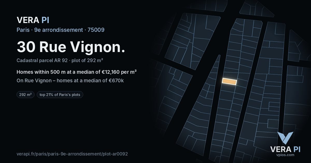 30 Rue Vignon, 9e arrondissement at night – the plot lit, the parcels around coloured by the prices near them