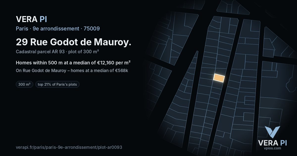 29 Rue Godot de Mauroy, 9e arrondissement at night – the plot lit, the parcels around coloured by the prices near them
