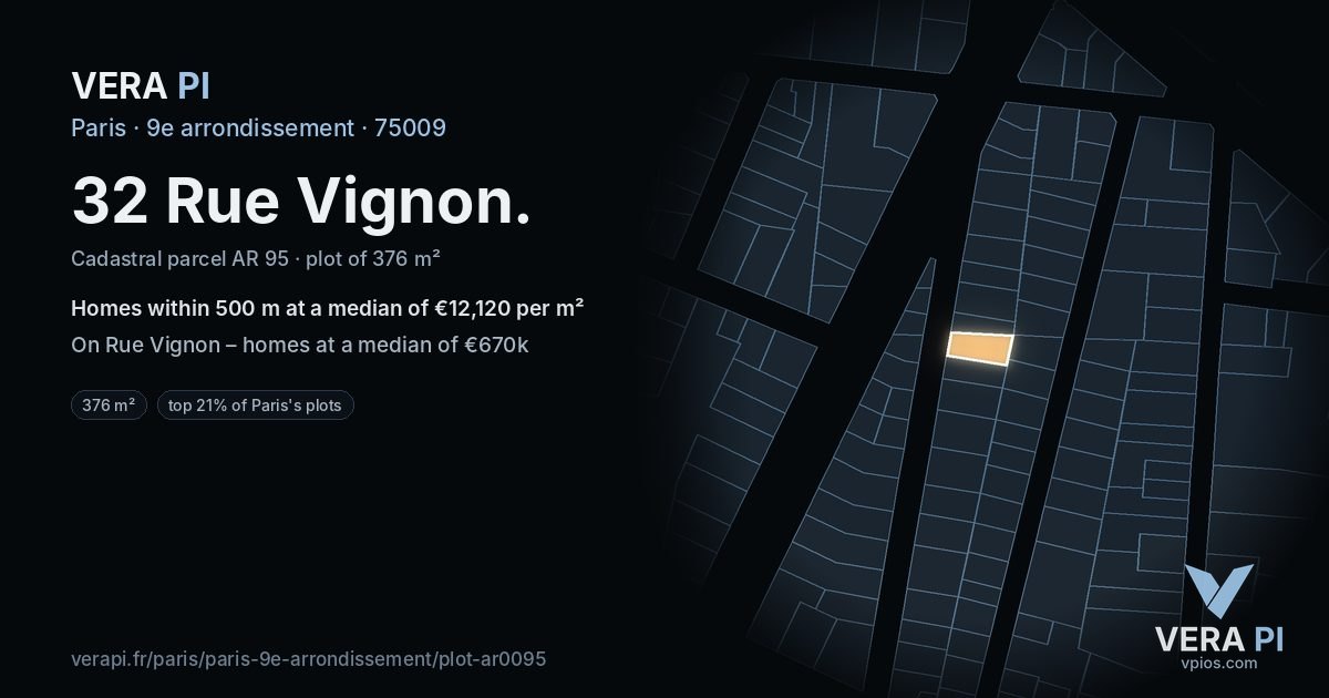 32 Rue Vignon, 9e arrondissement at night – the plot lit, the parcels around coloured by the prices near them