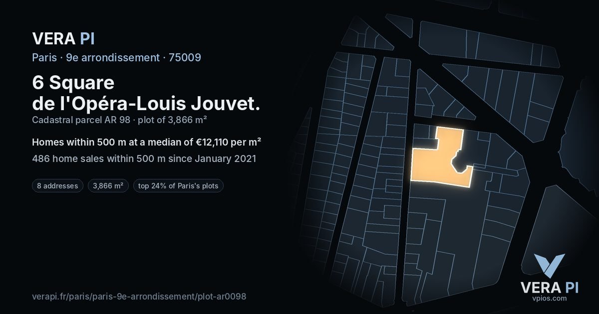 6 Square de l'Opéra-Louis Jouvet, 9e arrondissement at night – the plot lit, the parcels around coloured by the prices near them