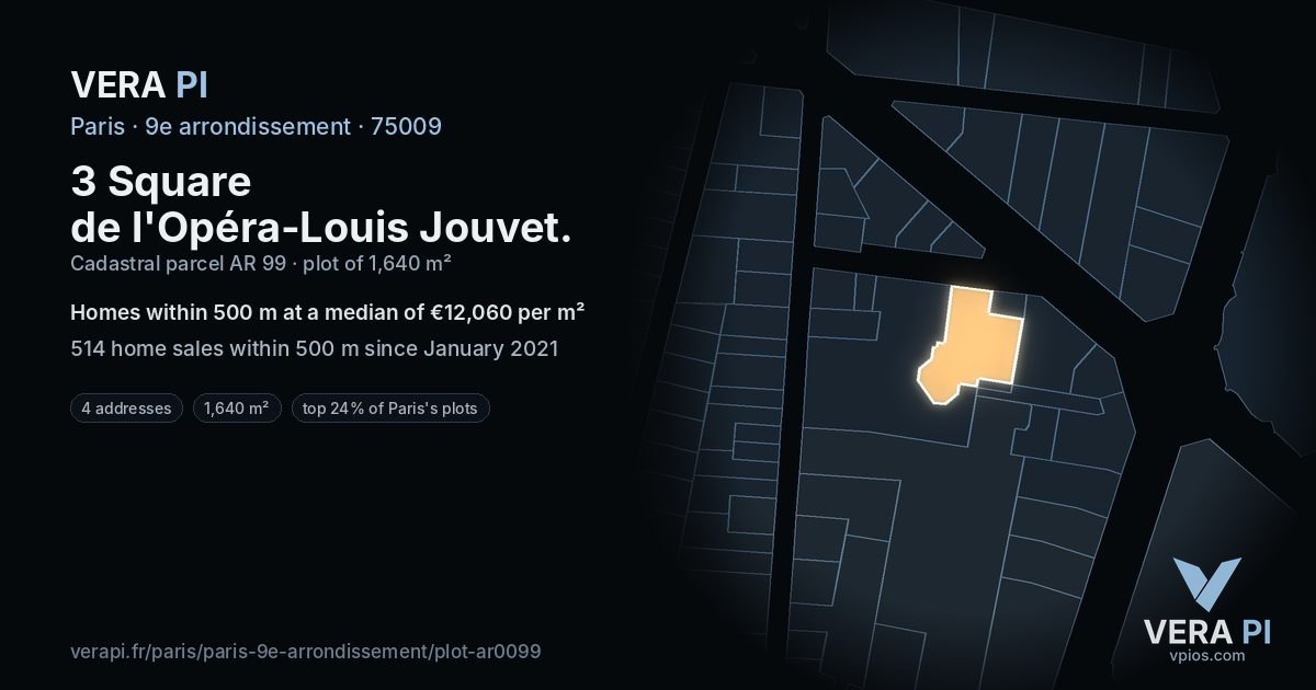 3 Square de l'Opéra-Louis Jouvet, 9e arrondissement at night – the plot lit, the parcels around coloured by the prices near them