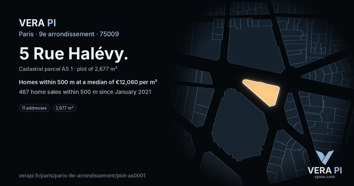 5 Rue Halévy, 9e arrondissement at night – the plot lit, the parcels around coloured by the prices near them