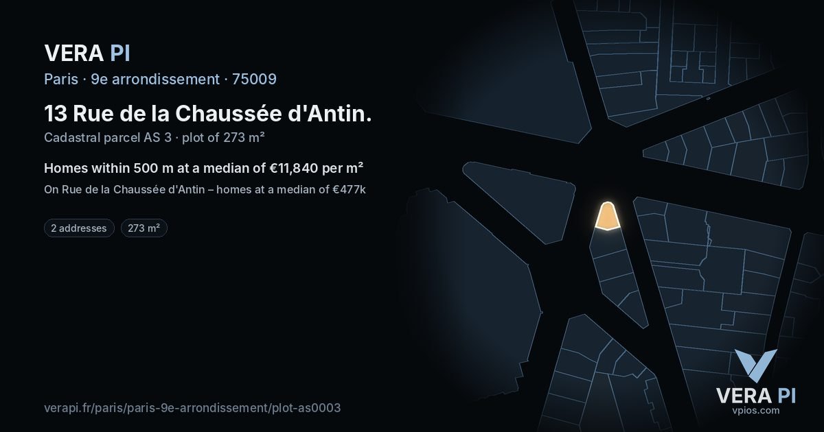13 Rue de la Chaussée d'Antin, 9e arrondissement at night – the plot lit, the parcels around coloured by the prices near them