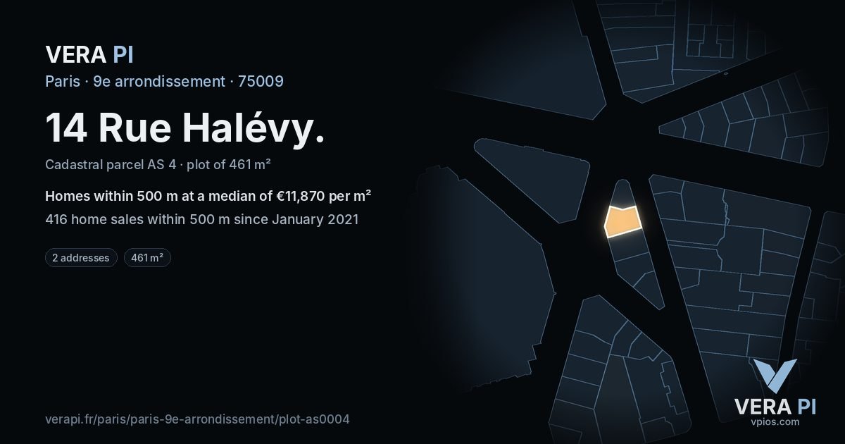 14 Rue Halévy, 9e arrondissement at night – the plot lit, the parcels around coloured by the prices near them