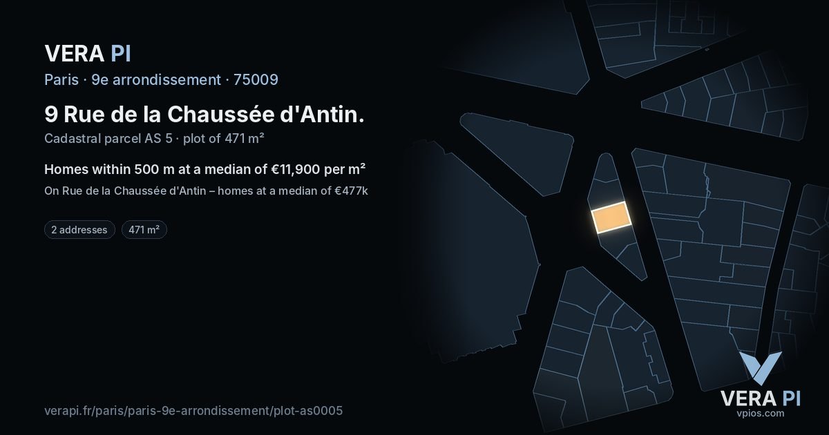 9 Rue de la Chaussée d'Antin, 9e arrondissement at night – the plot lit, the parcels around coloured by the prices near them