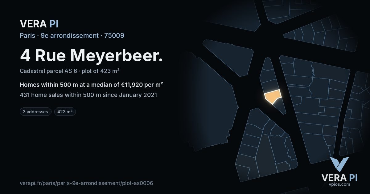 4 Rue Meyerbeer, 9e arrondissement at night – the plot lit, the parcels around coloured by the prices near them