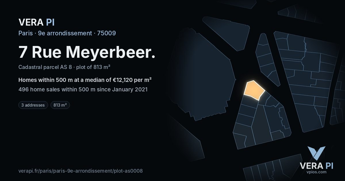 7 Rue Meyerbeer, 9e arrondissement at night – the plot lit, the parcels around coloured by the prices near them