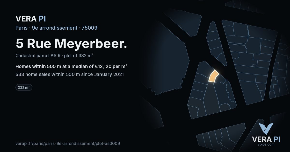 5 Rue Meyerbeer, 9e arrondissement at night – the plot lit, the parcels around coloured by the prices near them
