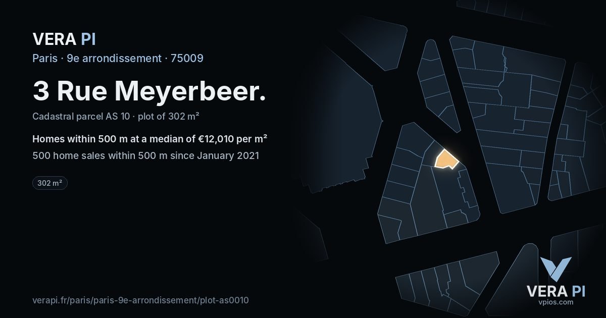 3 Rue Meyerbeer, 9e arrondissement at night – the plot lit, the parcels around coloured by the prices near them