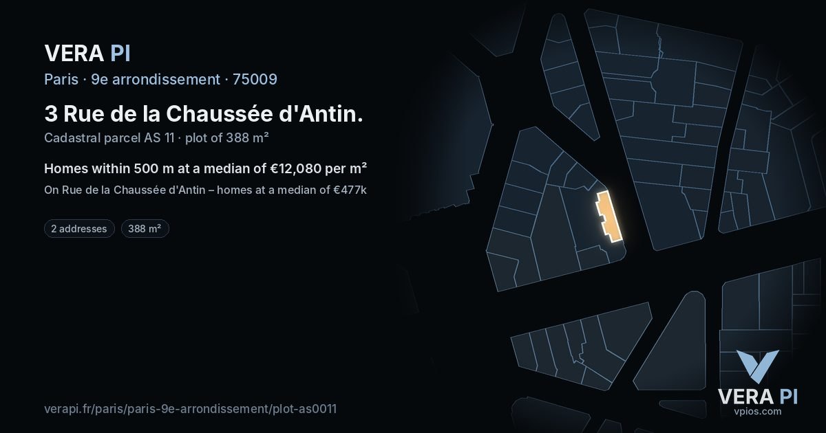 3 Rue de la Chaussée d'Antin, 9e arrondissement at night – the plot lit, the parcels around coloured by the prices near them