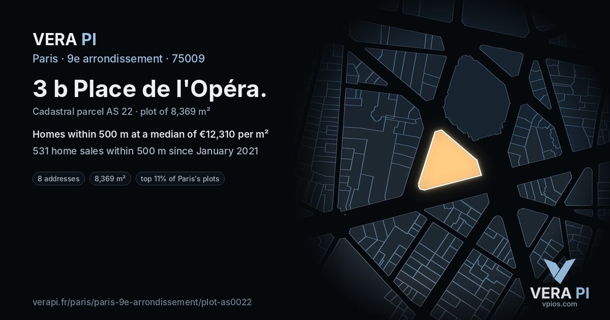 3 b Place de l'Opéra, 9e arrondissement at night – the plot lit, the parcels around coloured by the prices near them