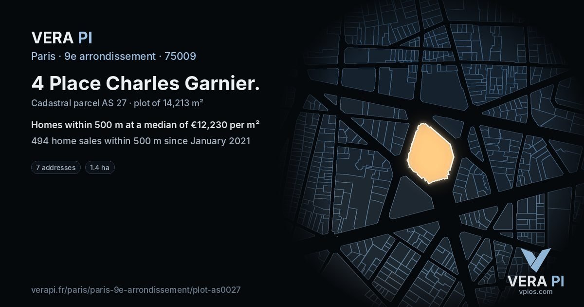 4 Place Charles Garnier, 9e arrondissement at night – the plot lit, the parcels around coloured by the prices near them