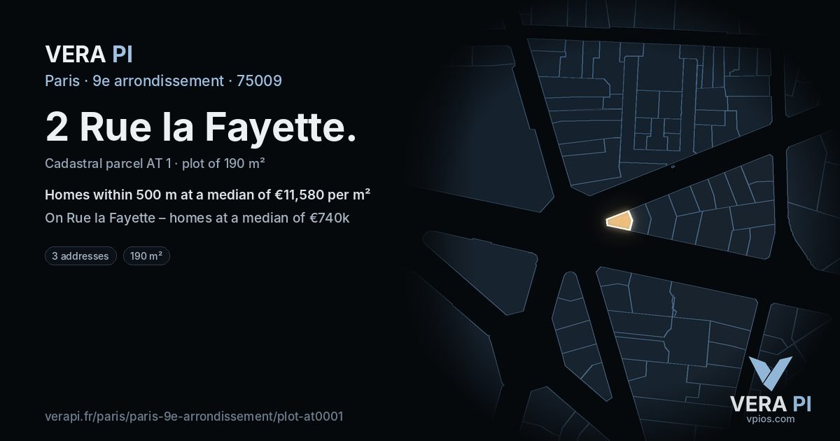 2 Rue la Fayette, 9e arrondissement at night – the plot lit, the parcels around coloured by the prices near them