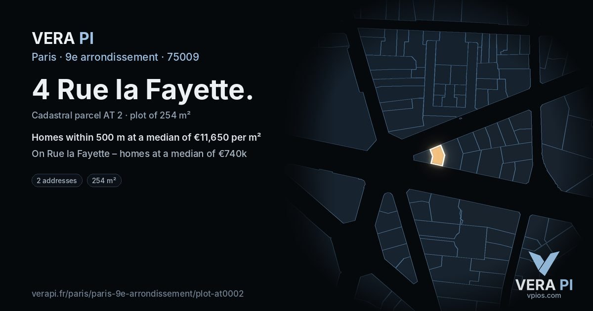 4 Rue la Fayette, 9e arrondissement at night – the plot lit, the parcels around coloured by the prices near them