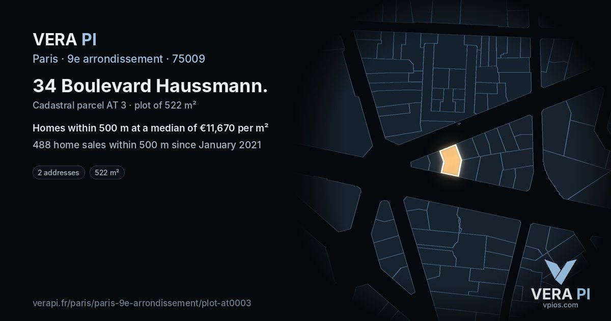 34 Boulevard Haussmann, 9e arrondissement at night – the plot lit, the parcels around coloured by the prices near them