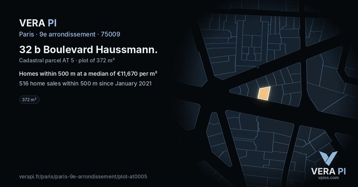 32 b Boulevard Haussmann, 9e arrondissement at night – the plot lit, the parcels around coloured by the prices near them
