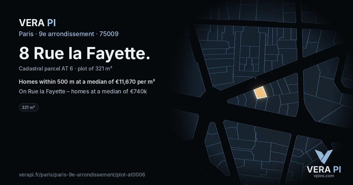 8 Rue la Fayette, 9e arrondissement at night – the plot lit, the parcels around coloured by the prices near them