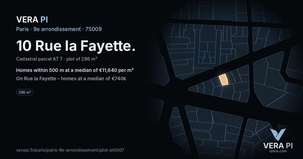 10 Rue la Fayette, 9e arrondissement at night – the plot lit, the parcels around coloured by the prices near them