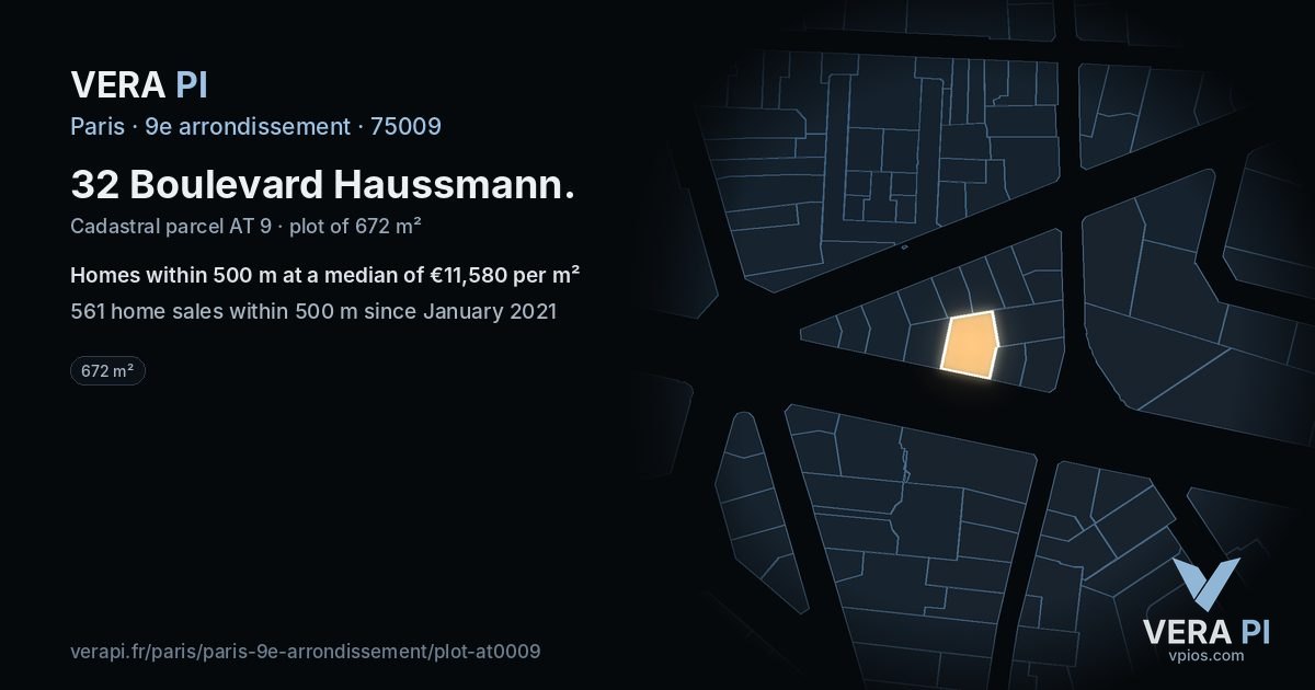 32 Boulevard Haussmann, 9e arrondissement at night – the plot lit, the parcels around coloured by the prices near them