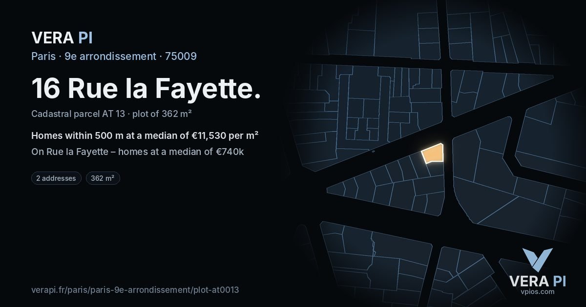 16 Rue la Fayette, 9e arrondissement at night – the plot lit, the parcels around coloured by the prices near them