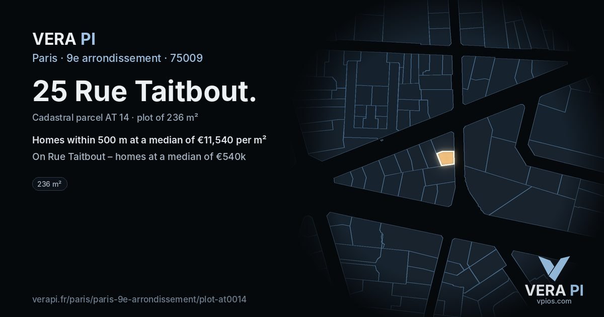 25 Rue Taitbout, 9e arrondissement at night – the plot lit, the parcels around coloured by the prices near them