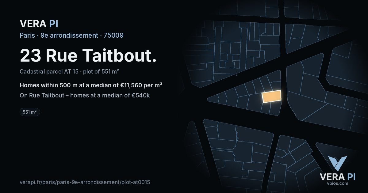 23 Rue Taitbout, 9e arrondissement at night – the plot lit, the parcels around coloured by the prices near them