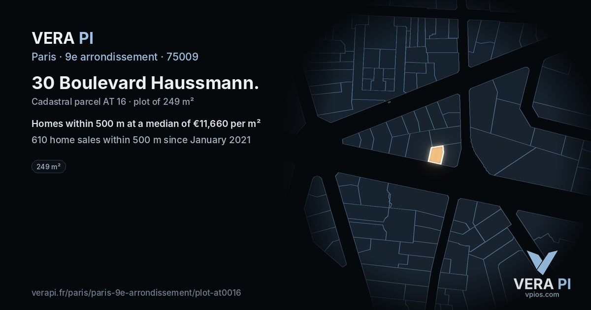 30 Boulevard Haussmann, 9e arrondissement at night – the plot lit, the parcels around coloured by the prices near them